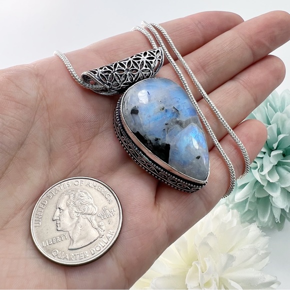 Blue Flash Tourmaline Moonstone Pendant Necklace Sterling Silver 925 Vintage New - Picture 3 of 7
